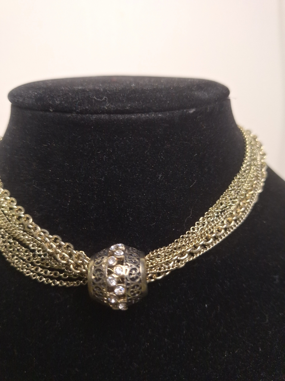 Silver Multi-Chain Necklace with Crystal Filigree Bead